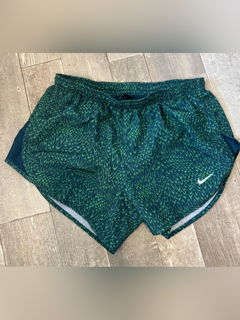 Nike Women's Dark Green w/ blue undert and Bright Green Patterned Running Shorts